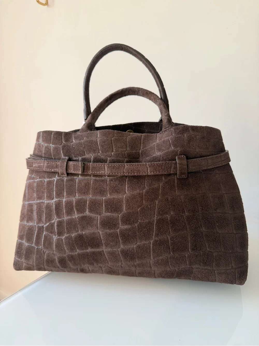 Dark Brown Suede crocodile embossed satchel Bag with gold Buckle and strap